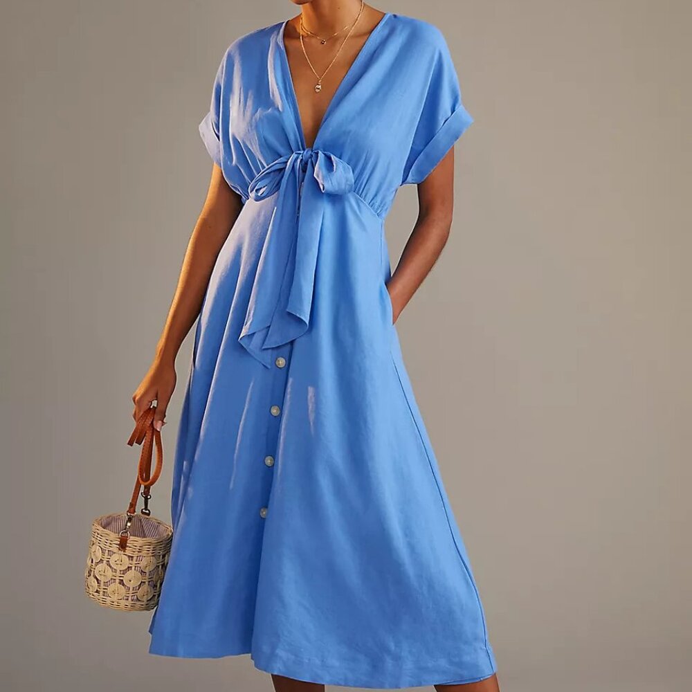 NWT - Maeve by Anthropologie Linen Blend Blue Midi Dress with Tie Front - Picture 10 of 13